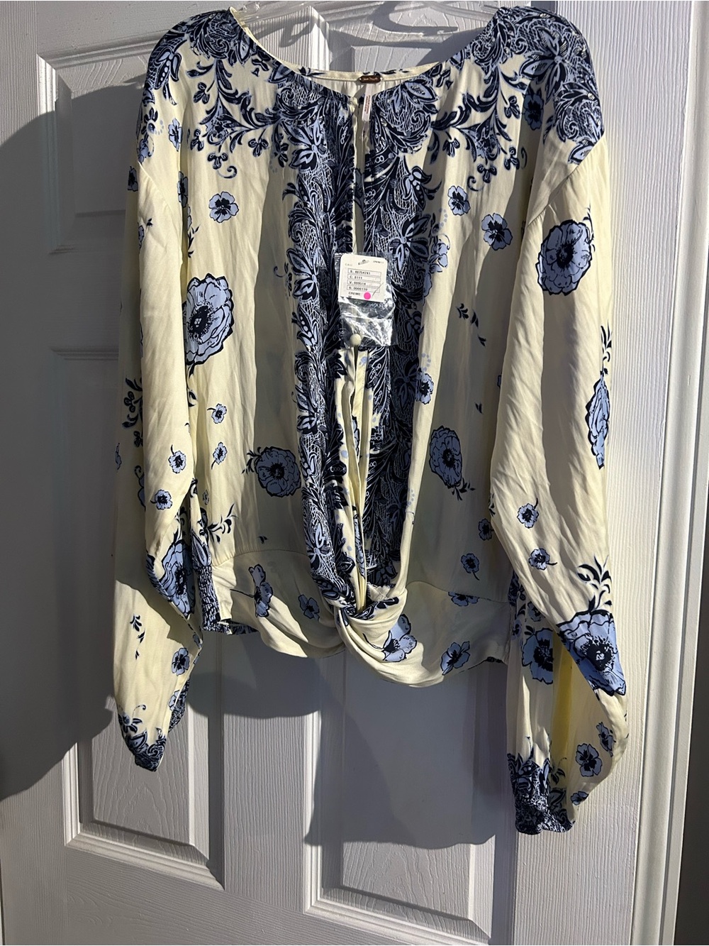 Free People Cream Blouse with Blue Floral Print and Tie Front